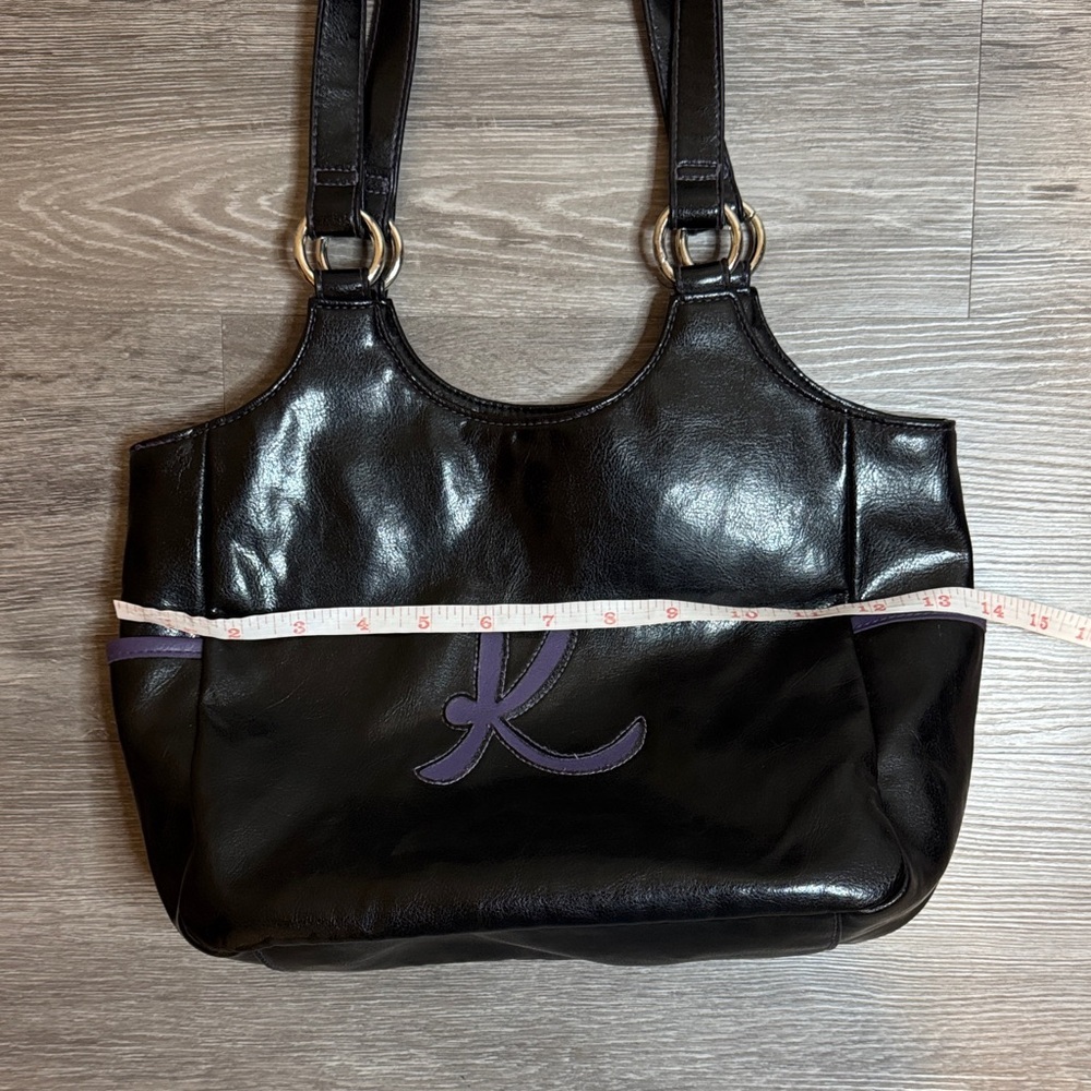 Black Faux Leather Letter K Shoulder Bag with Purple Accent and Silver Hardware - Picture 8 of 10